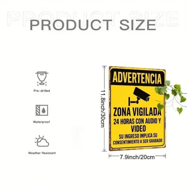 CIFbuy Vintage Spanish 24 Hour Audio Video Recording Warning Metal Sign, 7.87x11.81 Inch Surveillance Notice Plaque, Retro Decorative I TikTok, TikTok, Ve I Self-pickup Logiopics