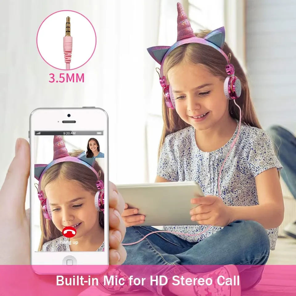 Unicorn Kids Pink Headphones for Girls Children Teens Wired Headset w/Microphonefor School Birthday Xmas Unicorn Gift view 4