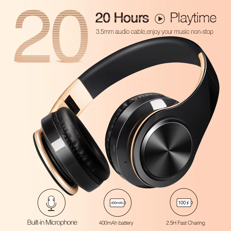 Men Gift Gold Wireless Headphones Bluetooth Earphone Stereo Headset Game with Build-in MIC with Universal for Android and iOS view 2