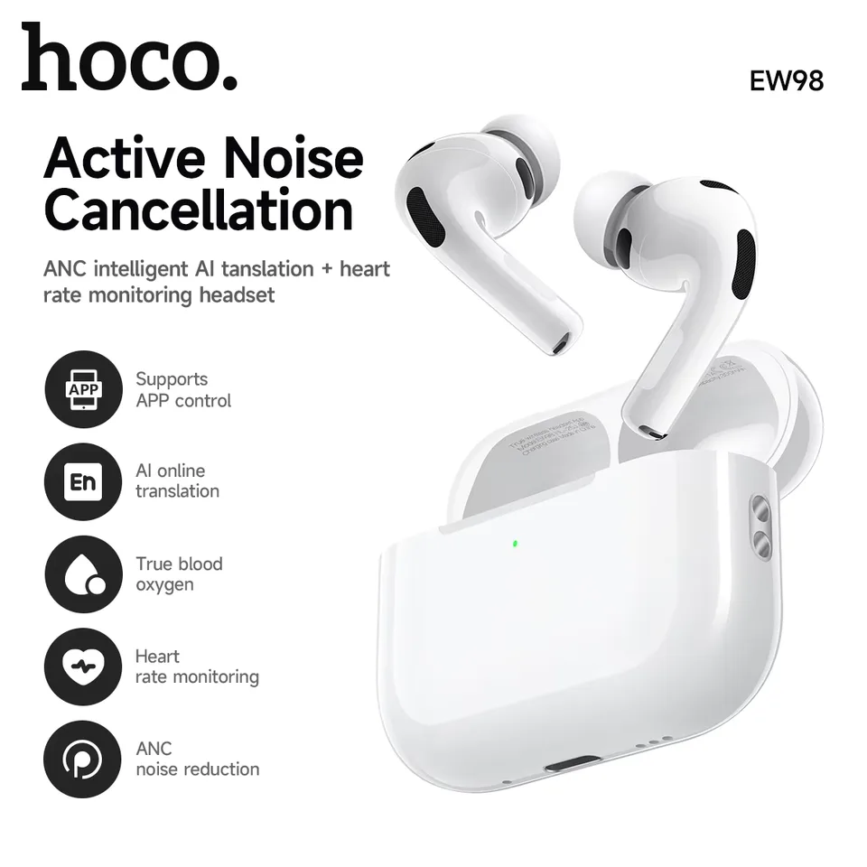 HOCO EW98 Pro 3 ANC Noise Reduction Bluetooth Earphone Heart Rate Monitoring Wireless Earbuds Headsets App Translation Function