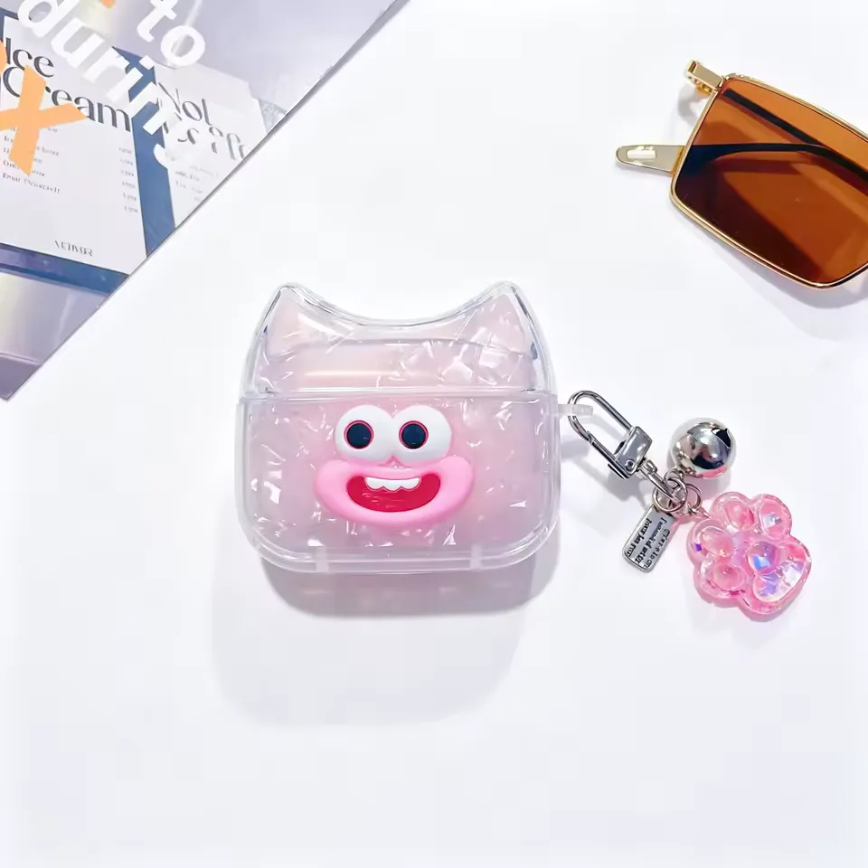 Cute monster cat ear big mouth headphone case protective cover with bell shaped keychain cartoon headphone case view 14