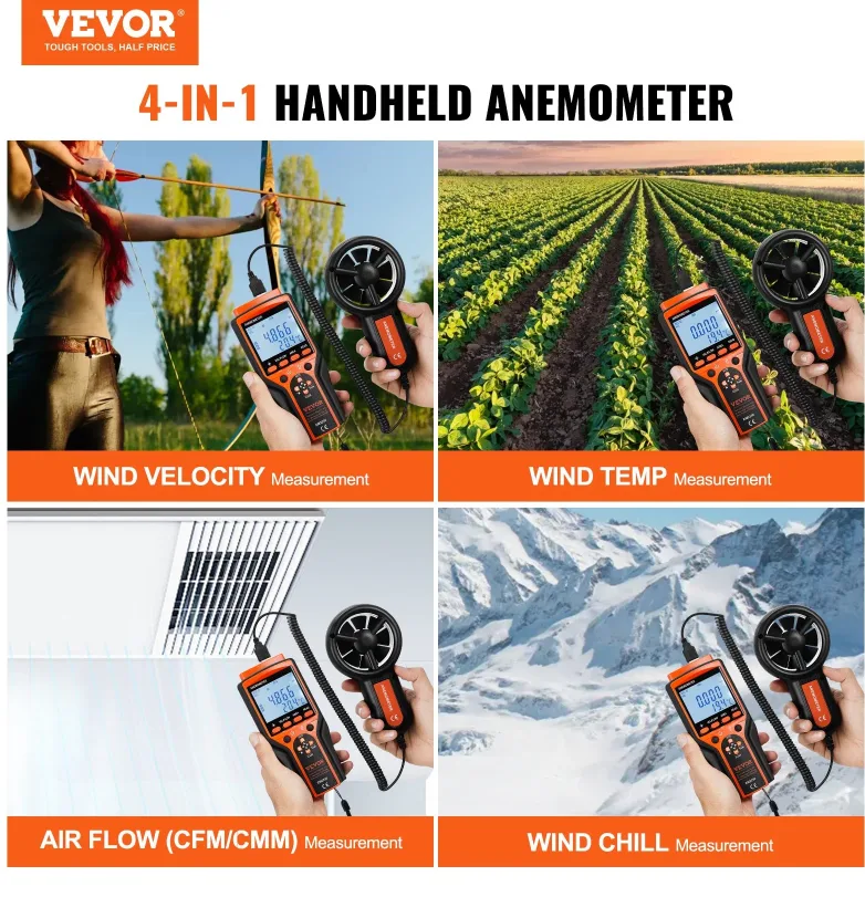 Split Handheld Anemometer, Digital Wind Speed CFM Meter Gauge With LED Backlight Screen, Measures Wind Velocity Wind Temperature Air Flow Wind Chill, For Sailing Surfing Flying HVAC view 3