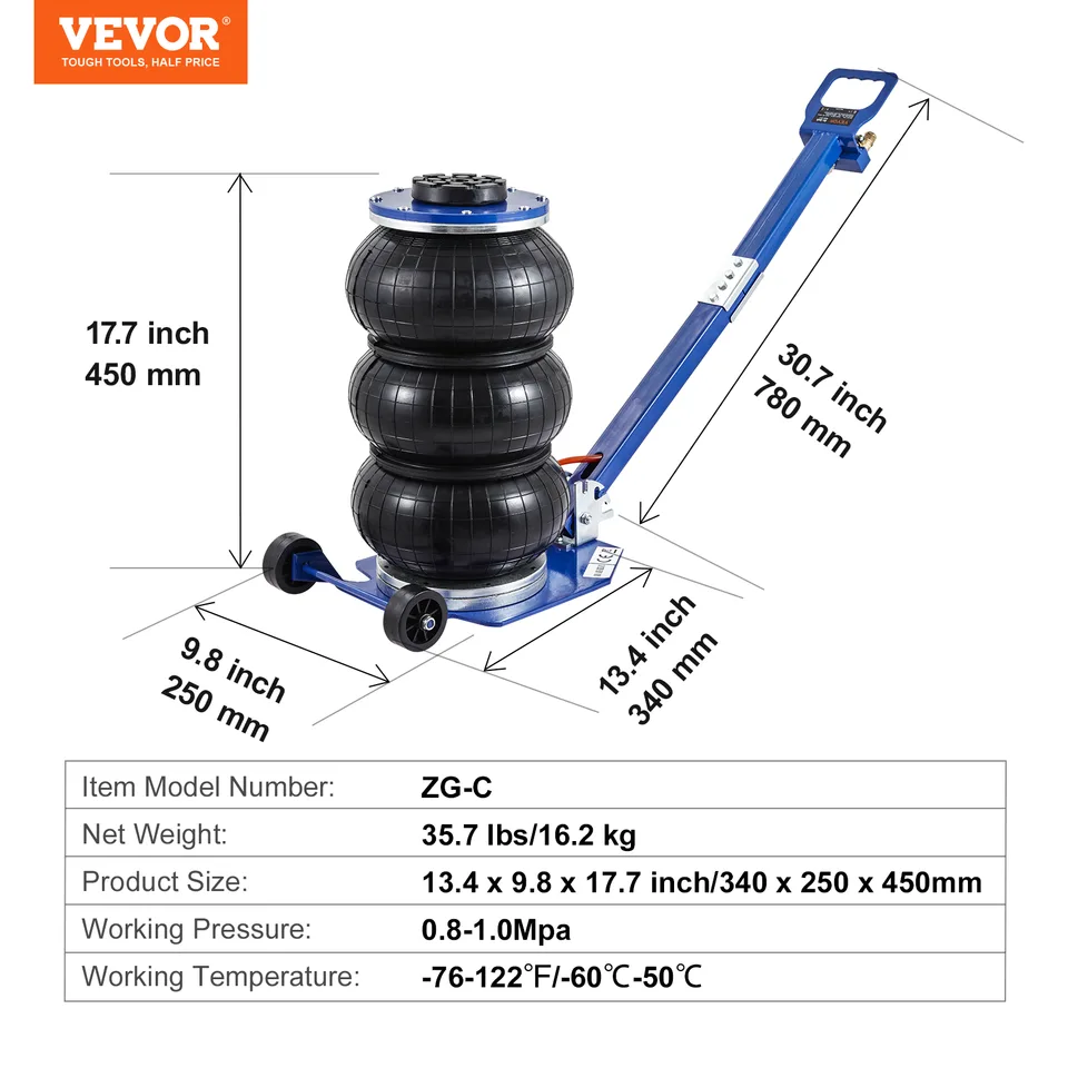 VEVOR Air Jack, 3 Ton 6600 Lbs Triple Bag Air Jack, Airbag Jack With Six Steel Pipes, Lift Up, 3-5 S Fast Lifting Pneumatic Jack, With Adjustable Long Handles For Cars, Garages, Repair Blue view 3