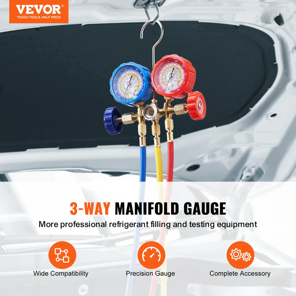 VEVOR AC Gauge Set - 3 Way AC Manifold Gauge Set For R134A R22 R12 R502 Refrigerant, Freon Gauges With 5ft Hoses, Couplers, Can Tap Works On Car Auto Freon Charging And Evacuation view 2
