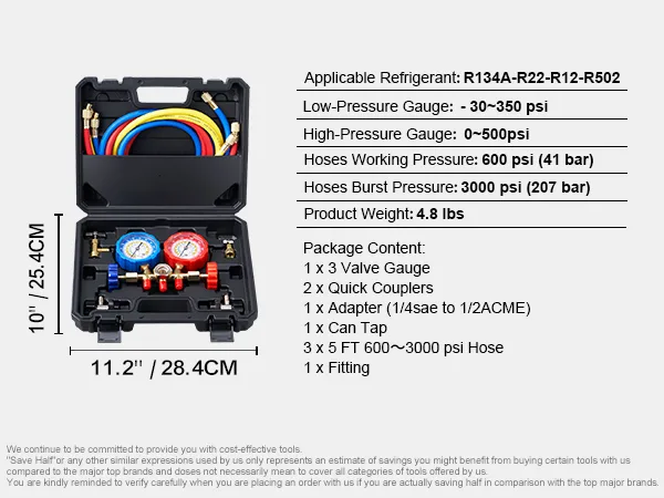VEVOR AC Gauge Set - 3 Way AC Manifold Gauge Set For R134A R22 R12 R502 Refrigerant, Freon Gauges With 5ft Hoses, Couplers, Can Tap Works On Car Auto Freon Charging And Evacuation view 4
