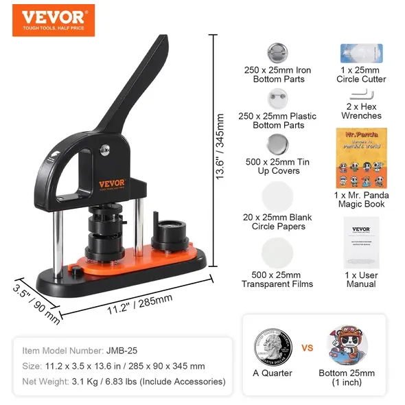 Button Maker Machine, 0.98 Inch 25mm Pin Maker With 500pcs Button Parts, Button Maker With Panda Magic Book, Ergonomic Arc Handle Punch view 2