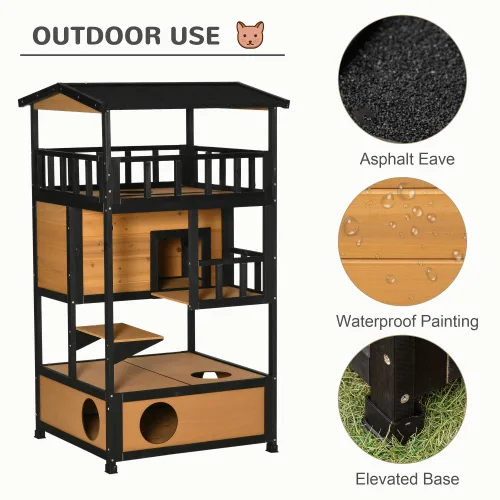 Wooden Outdoor Cat House, Wild Cat Shelter Kitten Tree view 4
