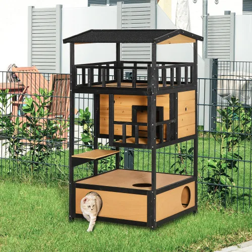 Wooden Outdoor Cat House, Wild Cat Shelter Kitten Tree view 3