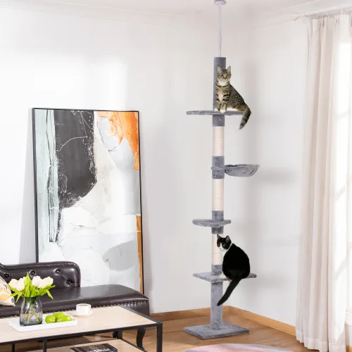 9 Foot Adjustable Height Floor To Ceiling Vertical Cat Tree - Grey And White view 2
