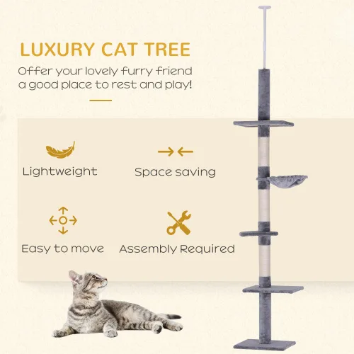 9 Foot Adjustable Height Floor To Ceiling Vertical Cat Tree - Grey And White view 3