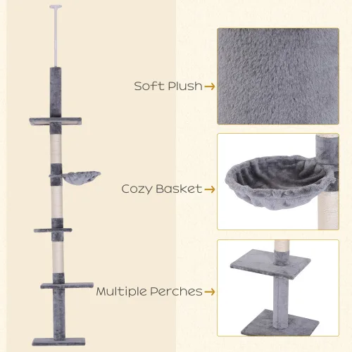 9 Foot Adjustable Height Floor To Ceiling Vertical Cat Tree - Grey And White view 4
