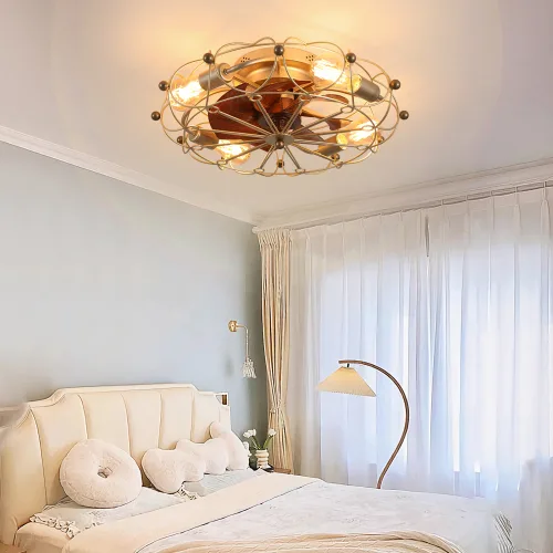 Low Profile Cage Ceiling Fan With Light Remote Control, Built-in Modern Industrial Ceiling Fan
