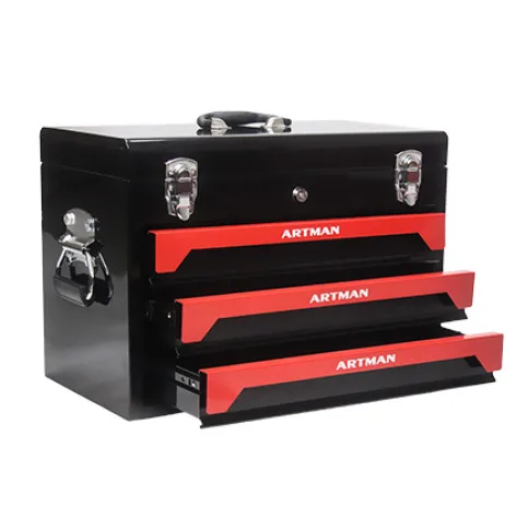 20 Portable 3 Drawer Steel Tool Box With Metal Latch Closure, Black Red