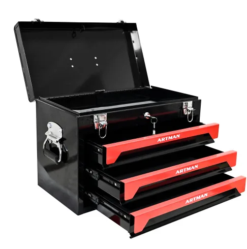 20 Portable 3 Drawer Steel Tool Box With Metal Latch Closure, Black Red view 3