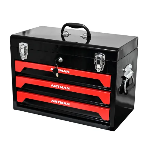 20 Portable 3 Drawer Steel Tool Box With Metal Latch Closure, Black Red view 2