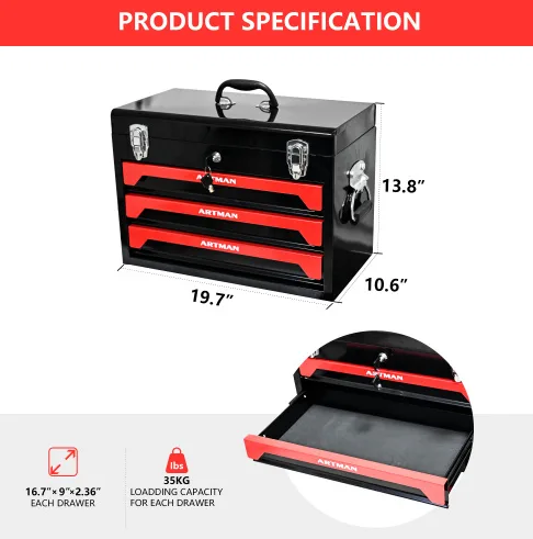 20 Portable 3 Drawer Steel Tool Box With Metal Latch Closure, Black Red view 4