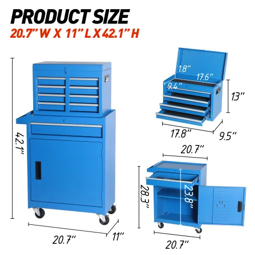 Tool Chest, 5-Drawer Rolling Tool Storage Cabinet With Detachable Top Tool Box, Liner, Universal Lockable Wheels, Adjustable Shelf, Locking Mechanism, Metal Tool Cart For Garage Workshop view 2