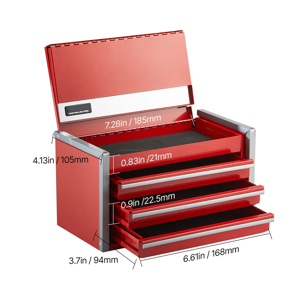 Tool Box 8.6-inch Portable Metal Tool Box 3 Drawers Tool Organizer Red view 3
