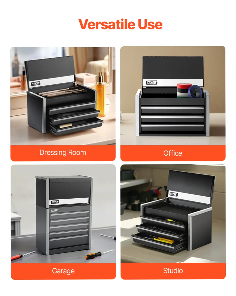 Tool Box 8.6-inch Portable Metal Tool Box With 3 Drawers Tool Organizer Black view 3