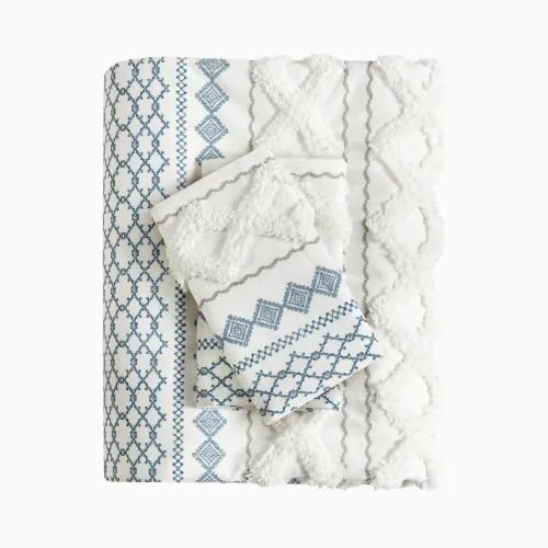 King Cal King Cotton Printed Duvet Cover Set With Chenille view 2