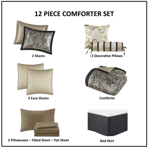 12 Piece Comforter Set With Cotton Bed Sheets Black Queen view 2