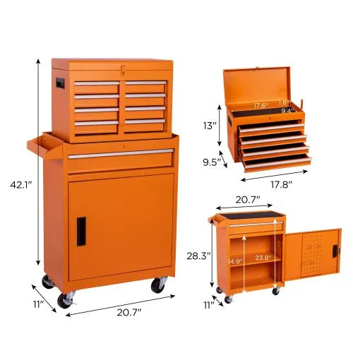 Tool Chest, 5-Drawer Rolling Tool Storage Cabinet With Detachable Top Tool Box, Liner, Universal Lockable Wheels, Adjustable Shelf, Locking Mechanism, Metal Tool Cart For Garage Workshop view 2
