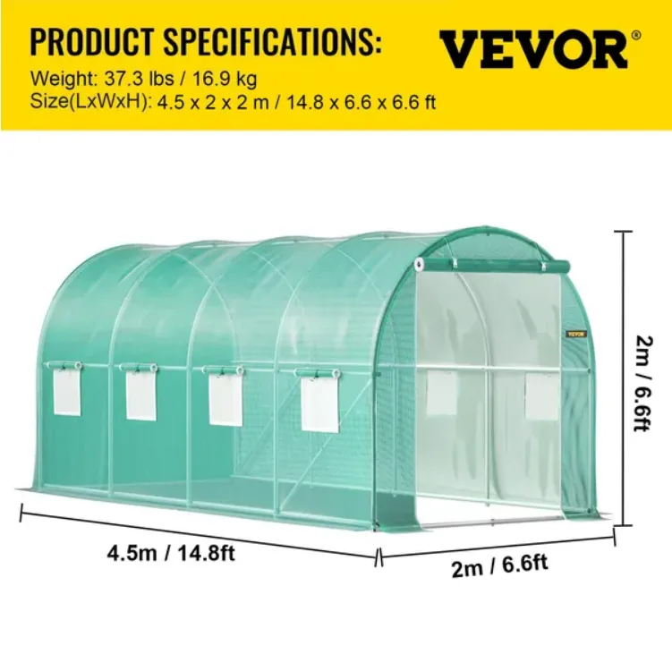 VEVOR Walk-in Tunnel Greenhouse, 14.8 X 6.6 X 6.6 Ft Portable Plant Hot House W Galvanized Steel Hoops, 1 Top Beam, Diagonal Poles, Zippered view 4