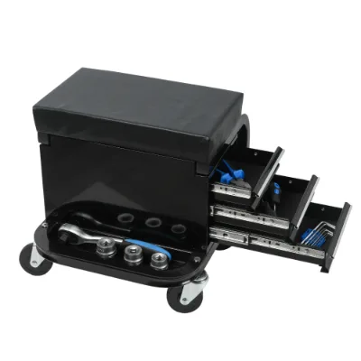 Rolling Creeper Garage Shop Seat With Three Built-in Drawers, Rolling Tool Chest Black