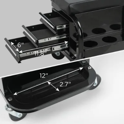 Rolling Creeper Garage Shop Seat With Three Built-in Drawers, Rolling Tool Chest Black view 2