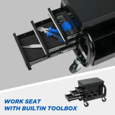Rolling Creeper Garage Shop Seat With Three Built-in Drawers, Rolling Tool Chest Black view 3