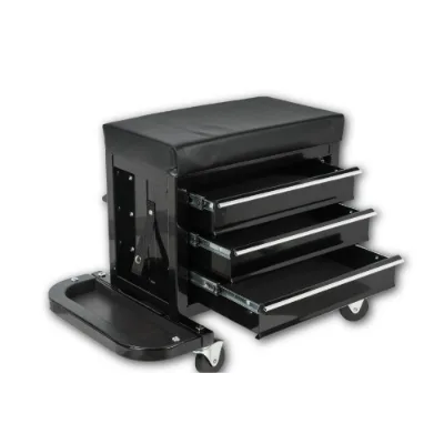 3-Drawer Tool Chest Rolling Mechanic Seat With Tool Trays,350lbs Max Weight Capacity,Black view 3