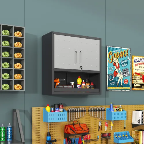 Metal Wall-Mounted Tool Storage Cabinet With Locking Door And 1 Shelf 1 Opened Drawer For Garage Warehouse,Office,Assembly Required view 2