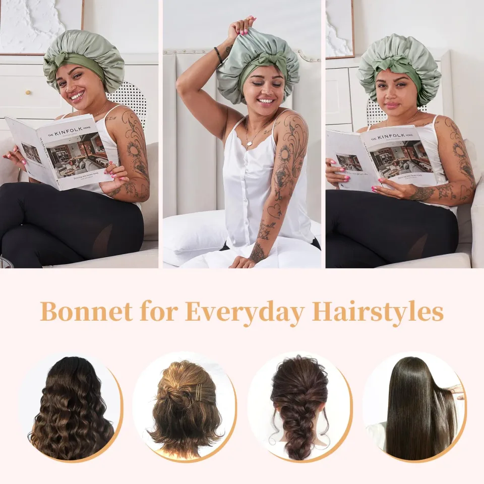 Silk Bonnet For Sleeping Women, Satin Hair Bonnet For Sleeping For Wavy Curly Natural Hair Women Men - Green view 4