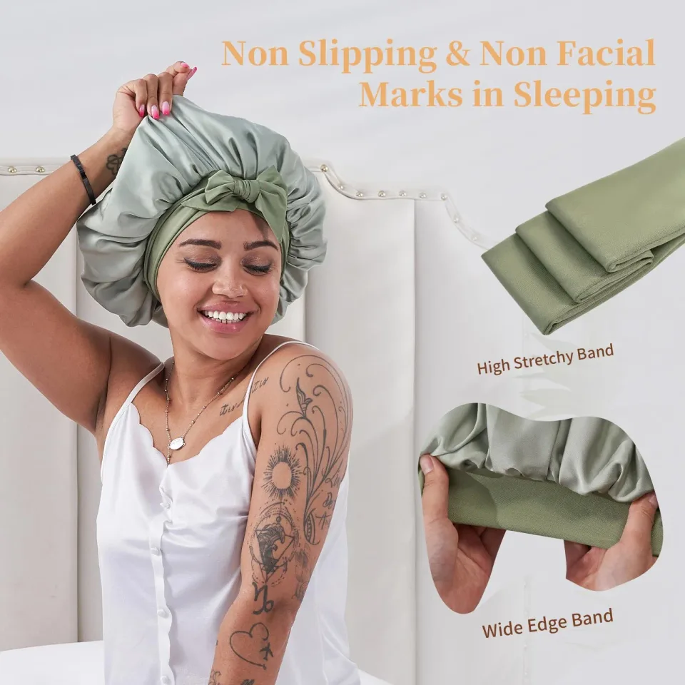 Silk Bonnet For Sleeping Women, Satin Hair Bonnet For Sleeping For Wavy Curly Natural Hair Women Men - Green view 3