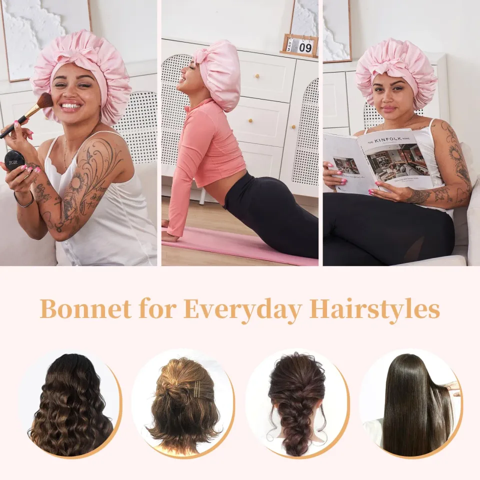 Silk Bonnet For Sleeping Women, Satin Hair Bonnet For Sleeping For Wavy Curly Natural Hair Women Men - Pink view 4