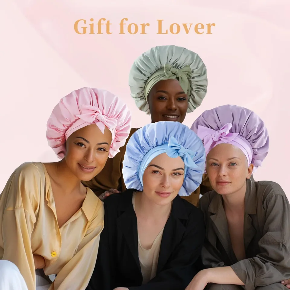 Silk Bonnet For Sleeping Women, Satin Hair Bonnet For Sleeping For Wavy Curly Natural Hair Women Men - Pink view 2