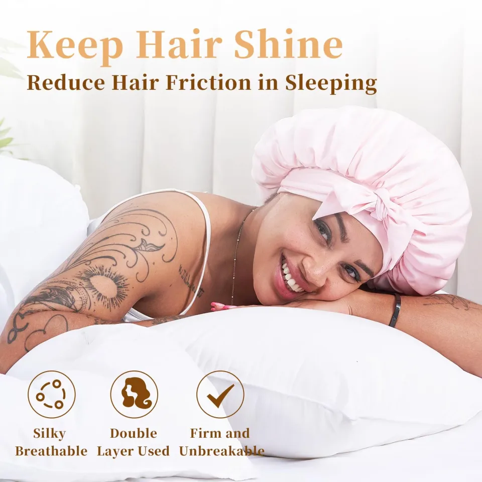 Silk Bonnet For Sleeping Women, Satin Hair Bonnet For Sleeping For Wavy Curly Natural Hair Women Men - Pink view 3