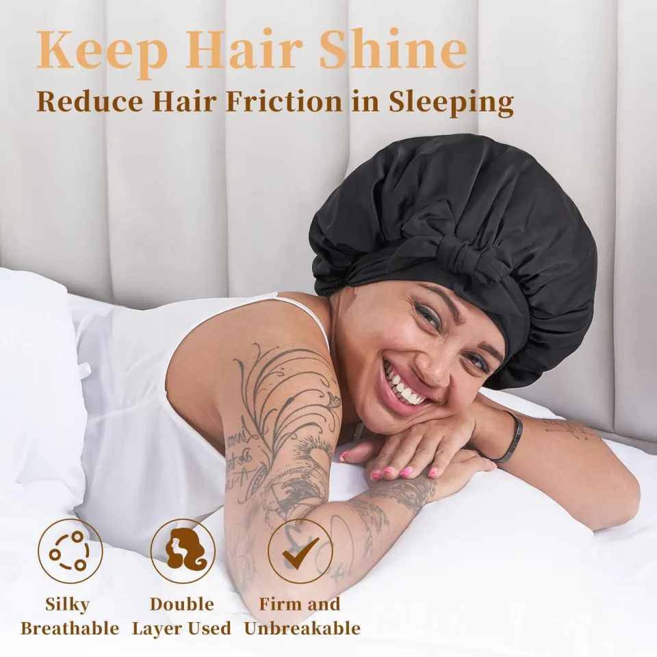 Silk Bonnet For Sleeping Women, Satin Hair Bonnet For Sleeping For Wavy Curly Natural Hair Women Men - Black view 2