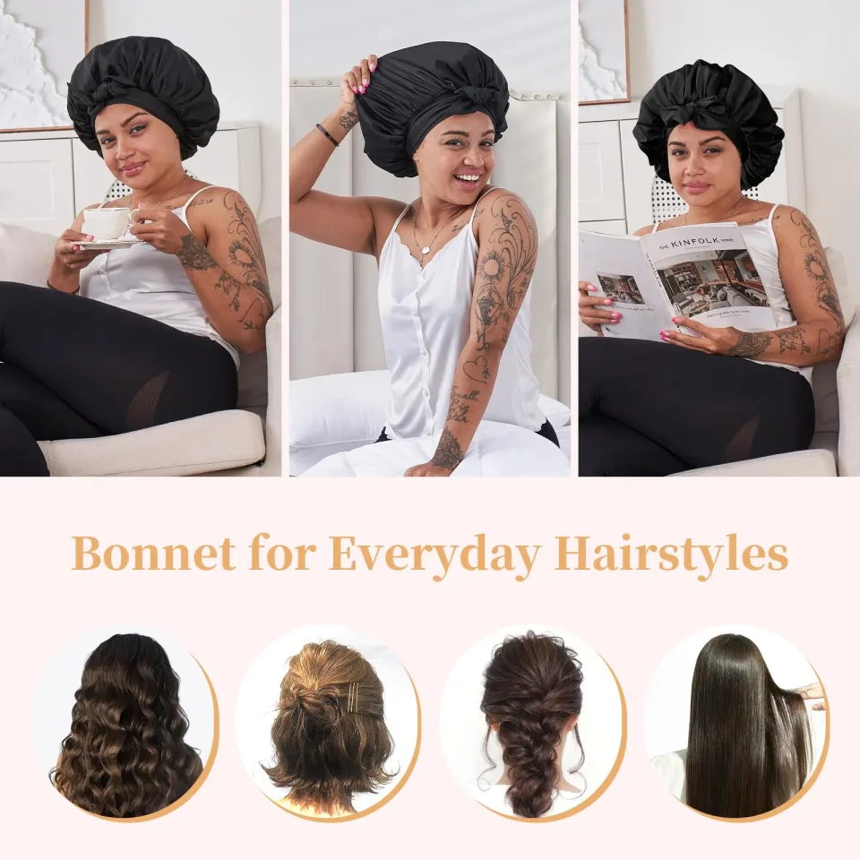Silk Bonnet For Sleeping Women, Satin Hair Bonnet For Sleeping For Wavy Curly Natural Hair Women Men - Black view 3