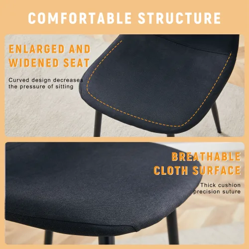 Luxury Simple Chair - Set Of 4 BLACK Linen-Cotton Material High Resilience Dining Chair With Metal Black Leg.Integral Metal Leg view 3