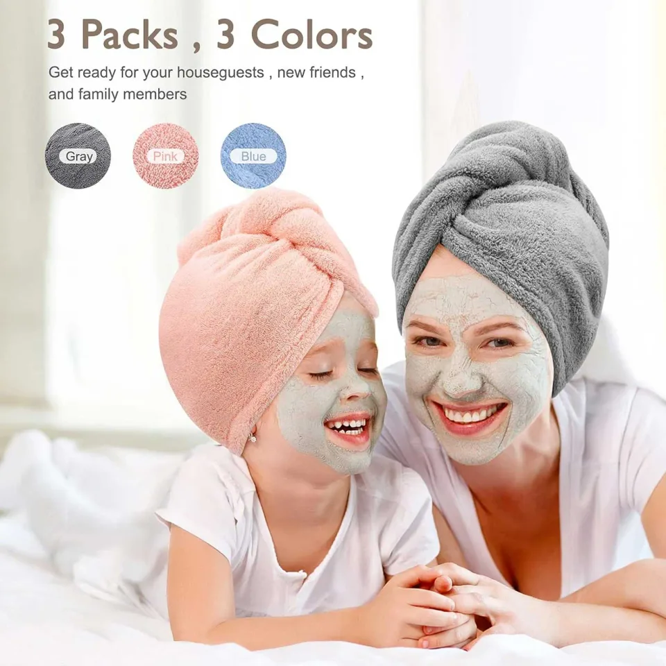 Women 3 PC Microfiber Hair Towel Wrap Ultra Absorbent Hair Turbans For Curly, Long & Thick Hair Blue,Grey,Pink view 3