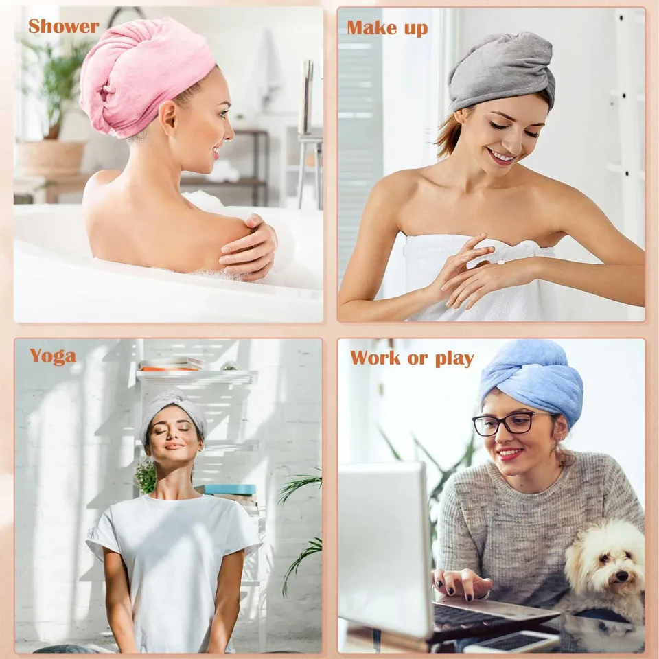 Women 3 PC Microfiber Hair Towel Wrap Ultra Absorbent Hair Turbans For Curly, Long & Thick Hair Blue,Grey,Pink view 4