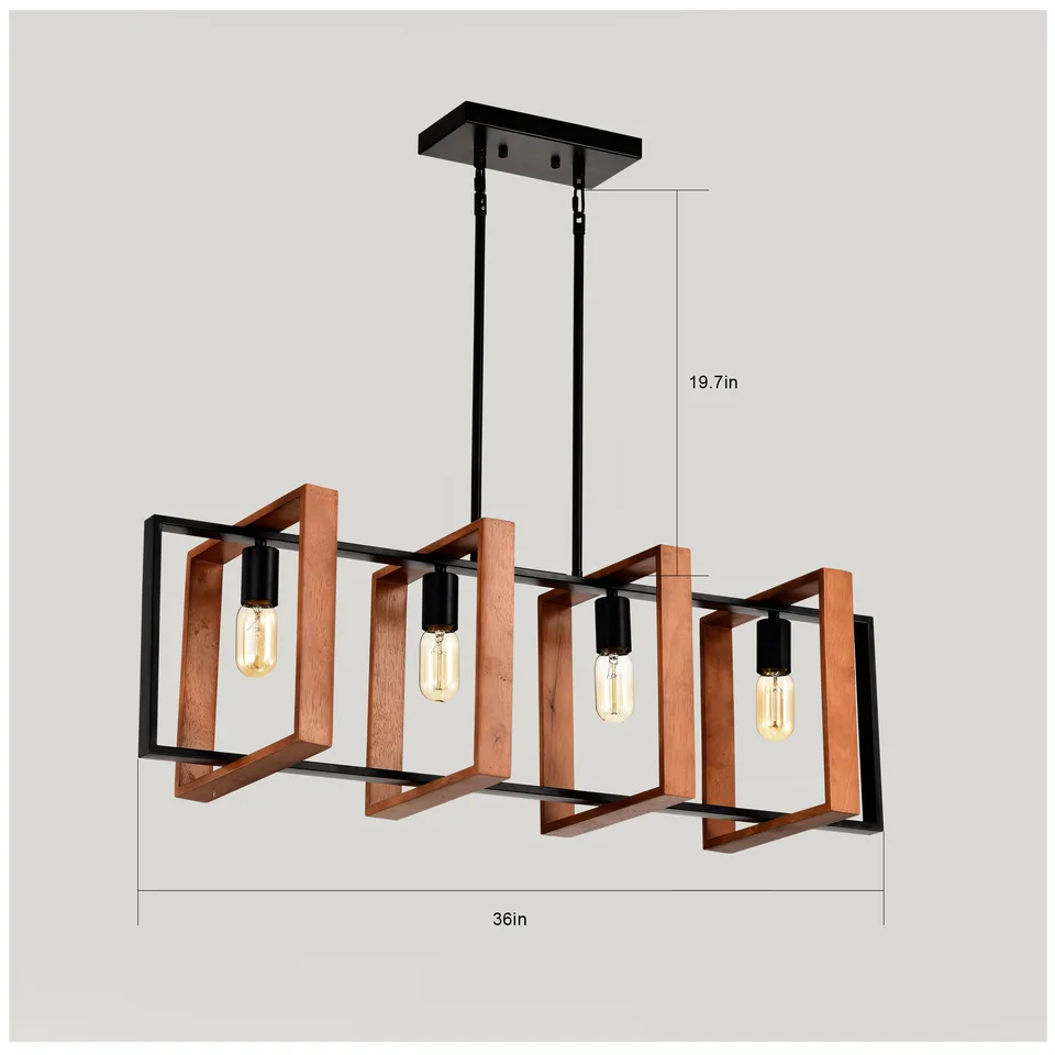 4-Light Kitchen Island Lights Pendant Light Farmhouse Dining Room Light Fixture, Rustic Wood And Black Metal Rectangular Chandelier, Hanging Lighting For Living Room,Conference Room, Home Office view 4