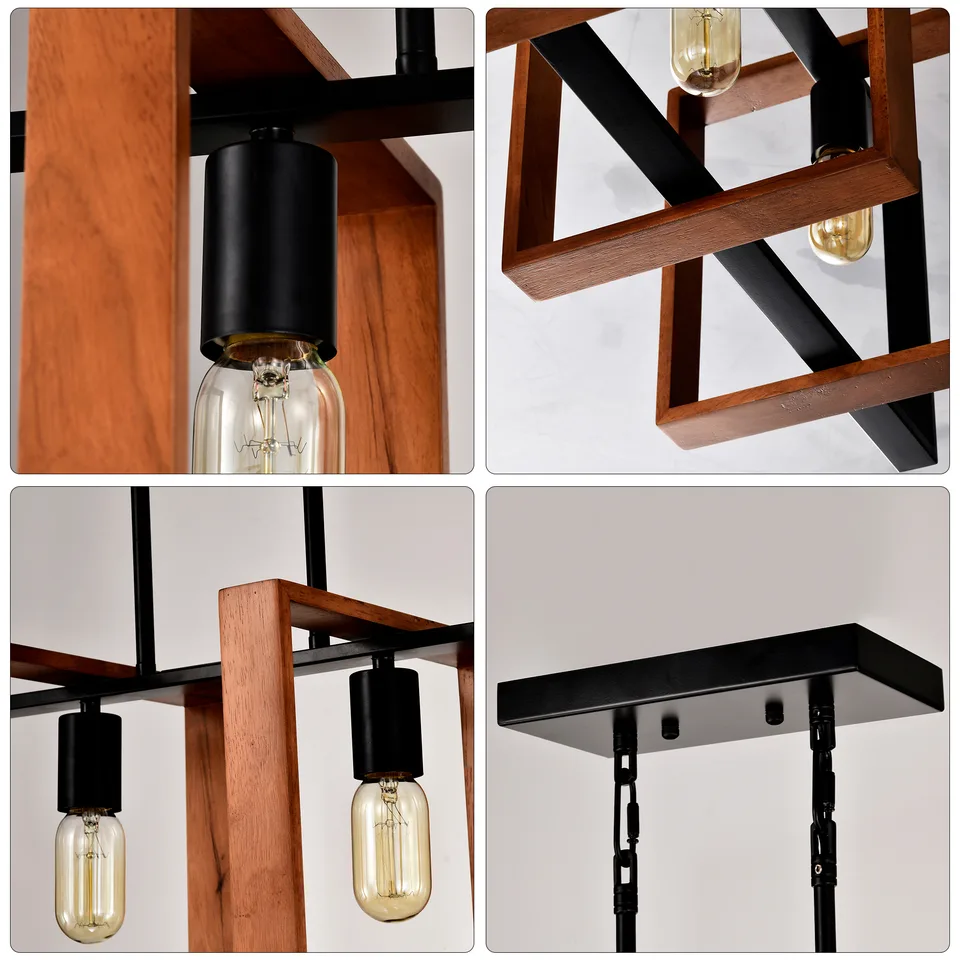 4-Light Kitchen Island Lights Pendant Light Farmhouse Dining Room Light Fixture, Rustic Wood And Black Metal Rectangular Chandelier, Hanging Lighting For Living Room,Conference Room, Home Office view 3