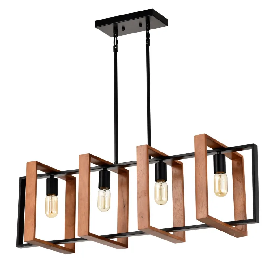 4-Light Kitchen Island Lights Pendant Light Farmhouse Dining Room Light Fixture, Rustic Wood And Black Metal Rectangular Chandelier, Hanging Lighting For Living Room,Conference Room, Home Office view 2