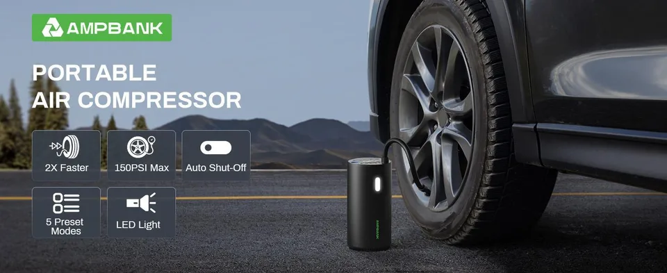 AMPBANK AT004 Smart Portable Tire Air Pump For Cars, Motorcycles, Bicycles And Balls With Pressure Gauge And LED Screen For Fast Inflation view 2