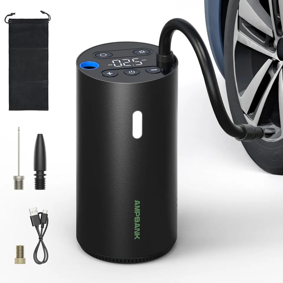 AMPBANK AT004 Smart Portable Tire Air Pump For Cars, Motorcycles, Bicycles And Balls With Pressure Gauge And LED Screen For Fast Inflation