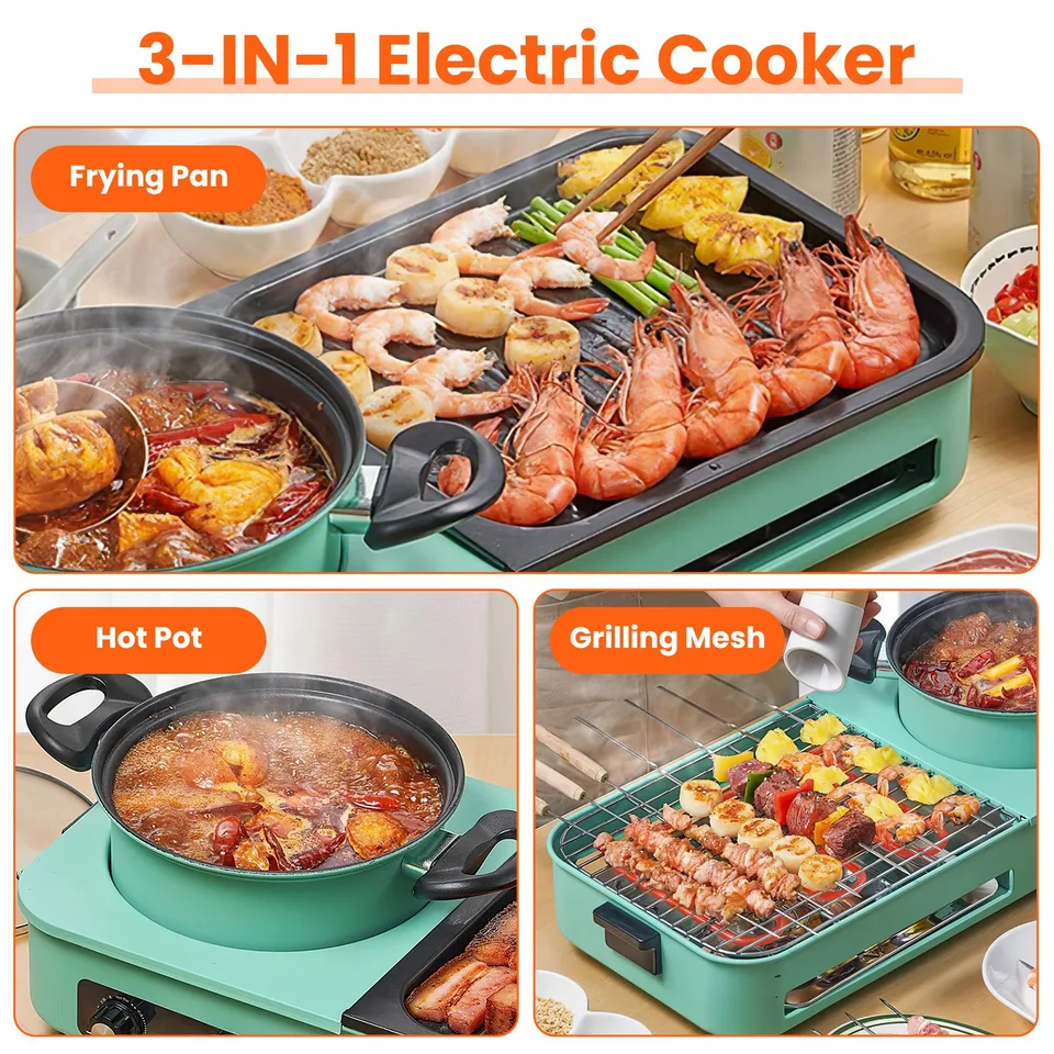 1 Pc 3 In 1 Electric Hot Pot With Grill 1600W Smokeless Non-Stick Korean BBQ Grill Shabu Shabu Hot Pot Combo With Independent Temperature view 3