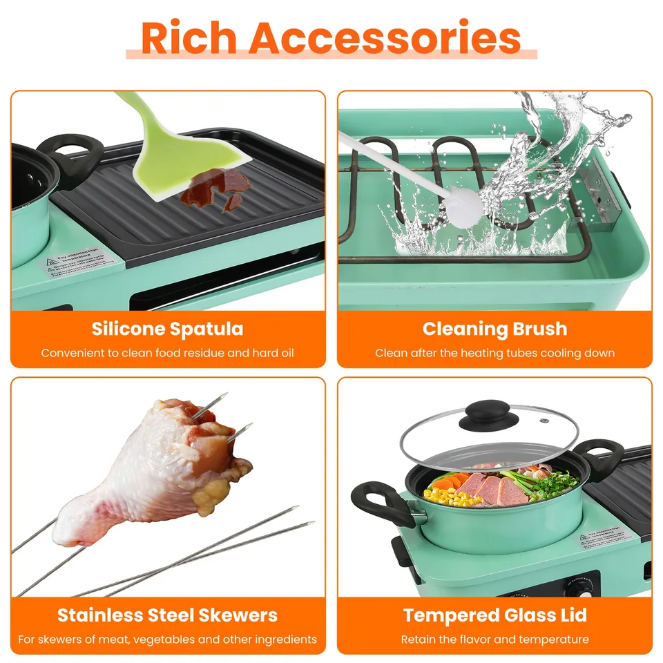 1 Pc 3 In 1 Electric Hot Pot With Grill 1600W Smokeless Non-Stick Korean BBQ Grill Shabu Shabu Hot Pot Combo With Independent Temperature view 2