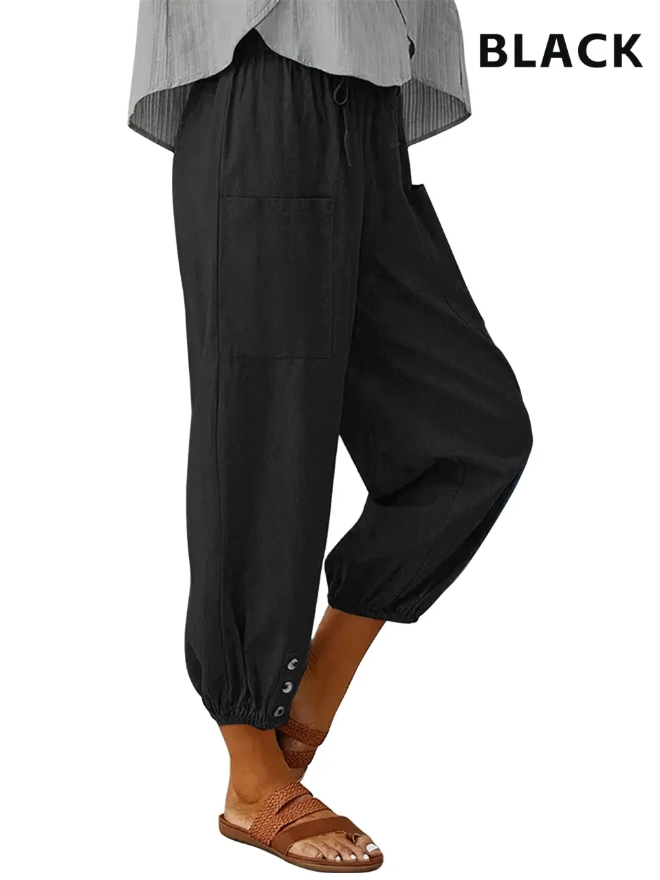 3pcs High-Waisted Button Wide-Leg Pants Cropped, Comfy & Effortlessly Chic view 2